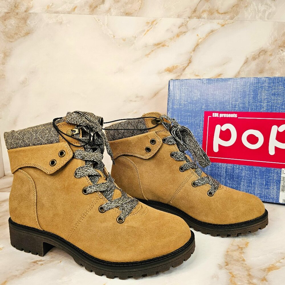 POP Tania Lace-Up Suede Hiking Boots, Size 8, New